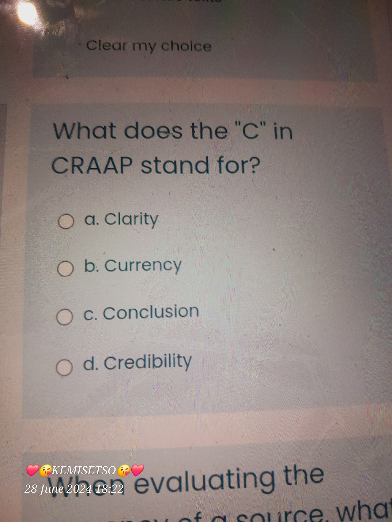 What does C in  CRAAP stand for?