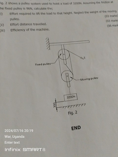 figure-below-shows-a-pulley-system-used-to-hoist-a-load-of-3200n-assuming-the-friction-at-the-fixed-pulley-is-96-calculate-the-effort-required-to-lift-the-load-to-that-height-neglect-the-weight