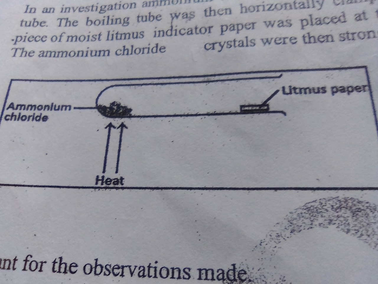 In an investigation ammonium chloride crystals were placed inside a boiling tube ,the boiling tube was then horizontally clamped as shown below?
