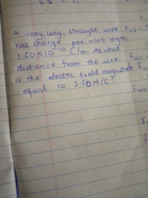 a-very-long-l-straight-wire-has-charge-per-unit-length-1-5-10-10-c-m-at-what-distance-from-the-wire-is-the-is-the-electric-field-magnitude-equal-to-2-50n-c